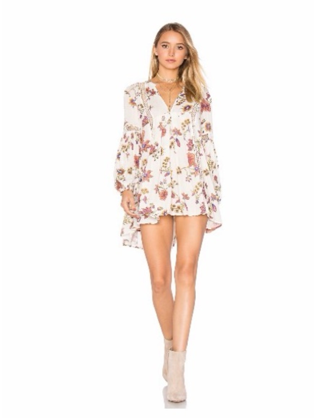 Floral Print Long Sleeve V-Neck Tunic Top - Cream/Pink